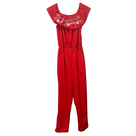 Pants - Red Embroidered Jumpsuit Floral One Piece Tall Skinny Empire Waist X-Small